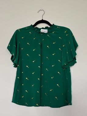 Alex & Parker Emerald Green & Gold Print Flutter Sleeve Blouse Size S Flowy